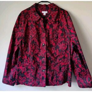 Charter Club‎ Jacket Black/Red Paisley Women's Plus Size 3X Pockets